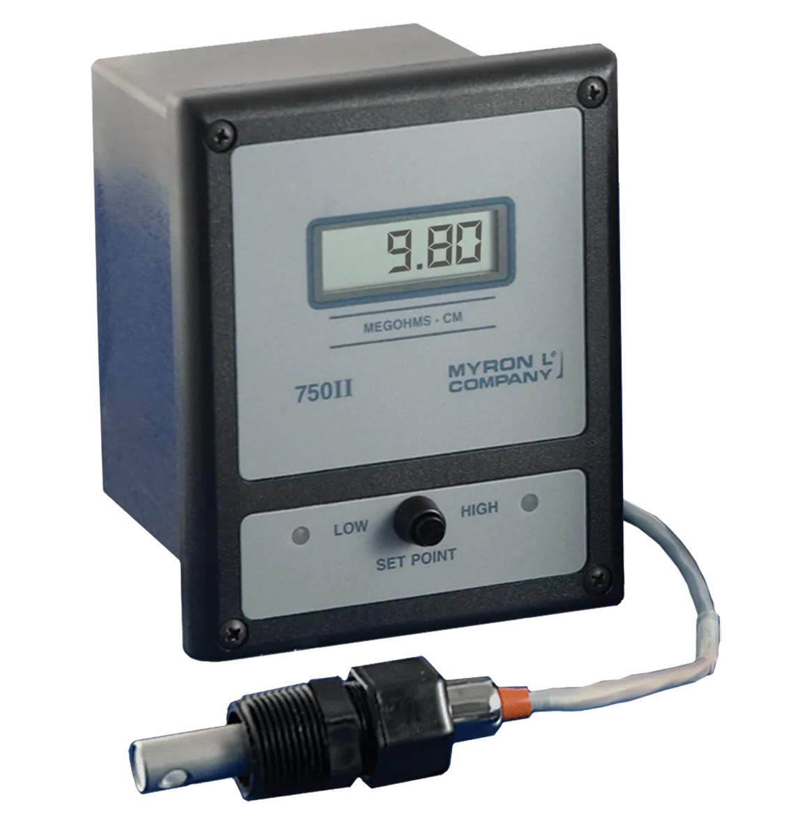 <h3>750 Series II Resistivity Sensor Specifications:</h3>
<ul>
<li>Constant: 0.05</li>
<li>Temperature Compensation: Two integral temperature sensors provide automatic TC to 25ºC.</li>
<li>Pressure/Temp Limits: 100 psi/690 kPa @ 212ºF/100ºC.</li>
<li>Bushing: Modular Polypropylene threaded 3/4” NPT. 1/2” PVDF or 316 stainless steel fittings (optional).</li>
<li>Cable: Shielded 10 ft./3 meters standard; 25 and 100 ft./ 8 and 30 meter lengths available.</li>
<li>Dimensions: Metal portion 30 L x 13 Dia. mm/ 1.2 L x .5 Dia. in.; overall length 91 mm/3.6 in.</li>
</ul>
<h3>Resistivity Sensor — <strong>CS10</strong></h3>
<p>All 750 Series II Resistivity models require a CS10 series sensor. This reliable sensor features two integral thermistors to ensure accurate and rapid automatic temperature compensation. The sturdy polypropylene standard bushing is modular for easy, inexpensive replacement. A PVDF or 316 stainless steel bushing can also be ordered. The metal portion is available in either 316 stainless steel (standard) or titanium.</p>
<table>
<tbody>
<tr>
<td><strong>Ranges</strong></td>
<td>7 ranges from 0-200K to 0-20MΩ</td>
</tr>
<tr>
<td> </td>
<td>See Price List for further details.</td>
</tr>
<tr>
<td><strong>Display</strong></td>
<td>Analog Models: 2.5 in./63 mm meter</td>
</tr>
<tr>
<td> </td>
<td>Digital Models: .5 in./13 mm 3½ Digit LCD</td>
</tr>
<tr>
<td> </td>
<td>Digital Option: 3½ Digit Backlit</td>
</tr>
<tr>
<td><strong>Accuracy</strong></td>
<td>Analog Models: ± 2% of full scale</td>
</tr>
<tr>
<td> </td>
<td>Digital Models: ± 1% of full scale</td>
</tr>
<tr>
<td><strong>Sensitivity</strong></td>
<td>0.05% of full scale</td>
</tr>
<tr>
<td><strong>Stability</strong></td>
<td>0.05% of full scale</td>
</tr>
<tr>
<td><strong>Repeatability</strong></td>
<td>0.1% of full scale</td>
</tr>
<tr>
<td><strong>Calibration Check</strong></td>
<td>Built-in</td>
</tr>
<tr>
<td><strong>Recorder Output</strong></td>
<td>0-10 VDC @ 5 mA max. (linear); standard all models</td>
</tr>
<tr>
<td><strong>Sensor Inputs</strong></td>
<td>1 (3 input option available)</td>
</tr>
<tr>
<td><strong>Control Function</strong></td>
<td>Single Alarm/controller fully adjustable 0-100% of full scale</td>
</tr>
<tr>
<td> </td>
<td>Hysteresis: Adjustable from 0.3-3% of full scale</td>
</tr>
<tr>
<td> </td>
<td>Indicators: Above (green) and below (red) setpoint LEDs (reversible)</td>
</tr>
<tr>
<td> </td>
<td>Contact Rating: SPDT 10 amp @ 250 VAC, 30 VDC. Relay operates decreasing or increasing reading (selectable).</td>
</tr>
<tr>
<td> </td>
<td>Second Alarm/controller, with above specifications – optional</td>
</tr>
<tr>
<td><strong>Solid State Output</strong></td>
<td>Powered; 24 VDC unregulated 30 mA max.</td>
</tr>
<tr>
<td><strong>Power</strong></td>
<td>115/230 VAC, 50/60 Hz, ±15% (user selectable)</td>
</tr>
<tr>
<td> </td>
<td>24 VAC optional</td>
</tr>
<tr>
<td><strong>Maximum Power Consumption</strong></td>
<td>@ 115V: 100 milliamps</td>
</tr>
<tr>
<td><strong>Dimensions</strong></td>
<td>152 H x 122 W x 96 D mm / 6 H x 4.8 W x 3.8 D in.</td>
</tr>
<tr>
<td><strong>Construction</strong></td>
<td>Fully gasketed heavy-duty ABS case; water resistant and corrosion proof IP65/NEMA 4X rated</td>
</tr>
<tr>
<td><strong>Ambient Temp Range</strong></td>
<td>0-60°C / 32-140°F</td>
</tr>
<tr>
<td><strong>Weight</strong></td>
<td>0,9 kg/2 lbs.</td>
</tr>
</tbody>
</table>