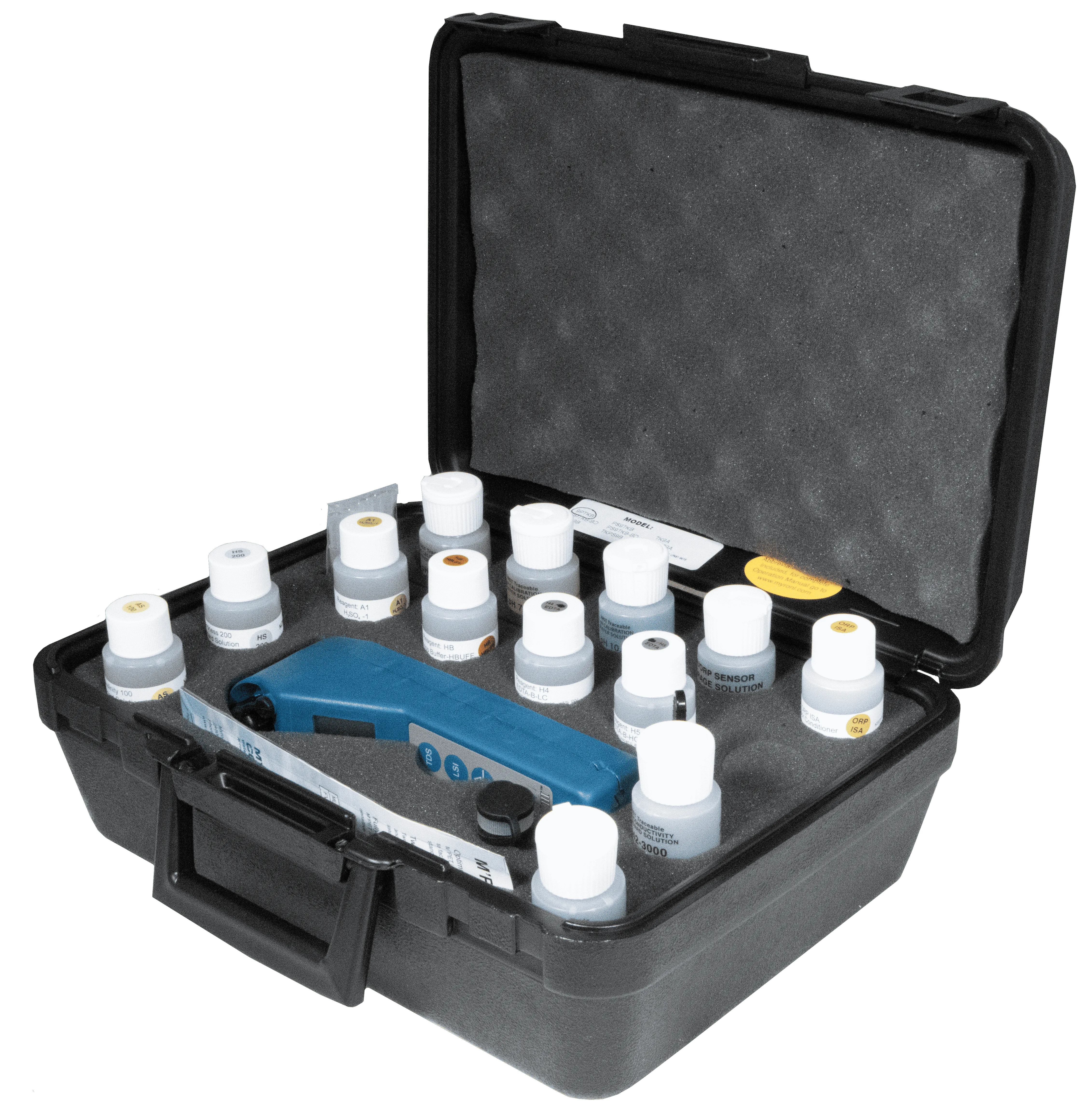 <h3><strong>ULTRAMETER III 9P™ Specifications:</strong></h3>
<table>
<tbody>
<tr>
<td><strong>ULTRAMETER III 9P™</strong></td>
<td><strong>Hard Carry Case Kit</strong></td>
</tr>
<tr>
<td><strong>Display: </strong>4 Digit LCD</td>
<td><strong>Outer Material: </strong>ABS plastic</td>
</tr>
<tr>
<td><strong>Dimensions (LxWxH): </strong>196 x 68 x 64 mm/7.7 x 2.7 x 2.5 in.</td>
<td><strong>Inner Material: </strong>Foam</td>
</tr>
<tr>
<td><strong>Weight: </strong>352 g/12.4 oz.</td>
<td><strong>Dimensions: </strong>L x W x D: 13.6 x 10 x 5.4 in./346 x 254 x 137 mm</td>
</tr>
<tr>
<td><strong>Case/Cell Material: </strong>VALOX®*</td>
<td>* ® Sabic Innovative Plastics IP BV</td>
</tr>
<tr>
<td><strong>Cell Capacities (w/o cell extender): </strong>pH/ORP 1,2 mL/0.04 oz.
<p> </p>
<p>Cond/TDS/Res: 5 mL/0.2 oz.</p>
</td>
<td> </td>
</tr>
<tr>
<td><strong>Power: </strong>9v Alkaline Battery</td>
<td> </td>
</tr>
<tr>
<td><strong>Battery Life: </strong>100 Hours/5000 Readings</td>
<td> </td>
</tr>
<tr>
<td><strong>Operating/Storage Temperature: </strong>0-55°C/32-132°F</td>
<td> </td>
</tr>
<tr>
<td><strong>Protection Ratings: </strong>IP67/NEMA 6 (waterproof to 1 meter/3 feet)</td>
<td> </td>
</tr>
</tbody>
</table>
<h3><strong>Functional Specifications:</strong></h3>
<table>
<tbody>
<tr>
<td><strong>Conductivity</strong></td>
<td>Ranges: 0–9999 μS/cm; 10–200 mS/cm; in 5 autoranges</td>
</tr>
<tr>
<td> </td>
<td>Resolution: 0.01(<100 μS); 0.1(<1000 μS); 1(<10 mS); 0.01(<100 mS); 0.1(<200 mS)</td>
</tr>
<tr>
<td> </td>
<td>Accuracy: ±1% of reading</td>
</tr>
<tr>
<td> </td>
<td>Auto Temperature Compensation: 0–71°C / 32–160°F</td>
</tr>
<tr>
<td> </td>
<td>Adjustable Temperature Compensation to 25°C: 0–9.99%/°C</td>
</tr>
<tr>
<td> </td>
<td>Conductivity/TDS Ratios Preprogrammed: KCl, 442*, NaCl</td>
</tr>
<tr>
<td> </td>
<td>Adjustable Conductivity/TDS Ratio Factor: 0.20–7.99</td>
</tr>
<tr>
<td><strong>TDS</strong></td>
<td>Ranges: 0–9999 ppm; 10–200 ppt; in 5 autoranges</td>
</tr>
<tr>
<td> </td>
<td>Resolution: 0.01(<100 ppm); 0.1(<1000 ppm); 1(<10 ppt); 0.01(<100 ppt); 0.1(<200 ppt)</td>
</tr>
<tr>
<td> </td>
<td>Accuracy: ±1% of reading</td>
</tr>
<tr>
<td> </td>
<td>Auto Temperature Compensation: 0–71°C / 32–160°F</td>
</tr>
<tr>
<td> </td>
<td>Adjustable Temperature Compensation to 25°C: 0–9.99%/°C</td>
</tr>
<tr>
<td> </td>
<td>Conductivity/TDS Ratios Preprogrammed: KCl, 442*, NaCl</td>
</tr>
<tr>
<td> </td>
<td>Adjustable Conductivity/TDS Ratio Factor: 0.20–7.99</td>
</tr>
<tr>
<td><strong>Resistivity</strong></td>
<td>Ranges: 10 KΩ–30 MΩ</td>
</tr>
<tr>
<td> </td>
<td>Resolution: 0.01(<100 KΩ); 0.1(1 MΩ)</td>
</tr>
<tr>
<td> </td>
<td>Accuracy: ±1% of reading</td>
</tr>
<tr>
<td> </td>
<td>Auto Temperature Compensation: 0–71°C / 32–160°F</td>
</tr>
<tr>
<td> </td>
<td>Adjustable Temperature Compensation to 25°C: 0–9.99%/°C</td>
</tr>
<tr>
<td><strong>pH</strong></td>
<td>Ranges: 0–14 pH</td>
</tr>
<tr>
<td> </td>
<td>Resolution: 0.01 pH</td>
</tr>
<tr>
<td> </td>
<td>Accuracy: ±0.01 pH**</td>
</tr>
<tr>
<td> </td>
<td>Auto Temperature Compensation: 0–71°C / 32–160°F</td>
</tr>
<tr>
<td><strong>ORP</strong></td>
<td>Ranges: ±999 mV</td>
</tr>
<tr>
<td> </td>
<td>Resolution: 1 mV</td>
</tr>
<tr>
<td> </td>
<td>Accuracy: ±1 mV</td>
</tr>
<tr>
<td><strong>Free Chlorine FC<sup>E™</sup></strong></td>
<td>Ranges: 0.00–9.99 ppm when 350≤ORPmV<725 and 0.0≤pH<9.9 and when 725≤ORPmV<825 and 0.0≤pH<8.9</td>
</tr>
<tr>
<td> </td>
<td>Resolution: 0.01 ppm</td>
</tr>
<tr>
<td> </td>
<td>Accuracy: <1.00ppm ±0.3ppm** and ≥1.00ppm ±0.2ppm</td>
</tr>
<tr>
<td> </td>
<td>Auto Temperature Compensation: 0–71°C / 32–160°F</td>
</tr>
<tr>
<td><strong>Alkalinity Titration</strong></td>
<td>Ranges: 10-800 ppm</td>
</tr>
<tr>
<td> </td>
<td>Resolution: 0.1 ppm</td>
</tr>
<tr>
<td><strong>Hardness Titration</strong></td>
<td>Ranges: 0-1710 ppm / 0-100 grains</td>
</tr>
<tr>
<td> </td>
<td>Resolution: 0.1(<1000 ppm); 1(<1710 ppm); 0.1(<100 grains)</td>
</tr>
<tr>
<td><strong>LSI Calculator</strong></td>
<td>Ranges: -10 to +10</td>
</tr>
<tr>
<td> </td>
<td>Resolution: 0.01</td>
</tr>
<tr>
<td><strong>Temperature</strong></td>
<td>Ranges: 0–71°C / 32–160°F</td>
</tr>
<tr>
<td> </td>
<td>Resolution: 0.1°C/F</td>
</tr>
<tr>
<td> </td>
<td>Accuracy: ±0.1°C</td>
</tr>
</tbody>
</table>