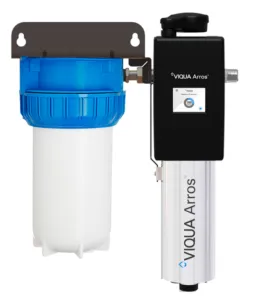 <div>
<div>UV Water Treatment System</div>
<div>
<p>Part Number: ARROS15-IHS10<br>Ideal For: Bacteria, Turbidity/Cloudiness</p>
<table style="width: 54.6664%;">
<tbody>
<tr>
<td style="width: 26.5505%;">Connection Size</td>
<td style="width: 73.416%;">Inlet: 1” FNPT, Outlet: (Combo Port) 1” MNPT / ¾” FNPT</td>
</tr>
<tr>
<td style="width: 26.5505%;">Dimensions</td>
<td style="width: 73.416%;">16.95″ × 20.82″ × 9.0″ (43.0 cm × 52.9 cm × 22.9 cm)</td>
</tr>
<tr>
<td style="width: 26.5505%;">Flow Rate</td>
<td style="width: 73.416%;">30mJ/cm2: 15 gpm (56.8 lpm) 3.41 m³/hr</td>
</tr>
<tr>
<td style="width: 26.5505%;">Housing Details</td>
<td style="width: 73.416%;">One 10″ 3-piece filter housing</td>
</tr>
<tr>
<td style="width: 26.5505%;">Power Consumption</td>
<td style="width: 73.416%;">46 W</td>
</tr>
<tr>
<td style="width: 26.5505%;">Ship Wt. (lbs)</td>
<td style="width: 73.416%;">40lbs (18.1kg)</td>
</tr>
</tbody>
</table>
</div>
</div>