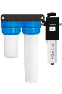 <p>Part Number: ARROS15-IHS12<br>Ideal For: Bacteria, Color, Smell, Turbidity/Cloudiness</p>
<table>
<tbody>
<tr>
<td>Connection Size</td>
<td>Inlet: 1” FNPT, Outlet: (Combo Port) 1” MNPT / ¾” FNPT</td>
</tr>
<tr>
<td>Dimensions</td>
<td>24.95″ × 27.5″ × 9.0″ (63.4 cm × 69.9 cm × 22.9 cm)</td>
</tr>
<tr>
<td>Flow Rate</td>
<td>30mJ/cm2: 15 gpm (56.8 lpm) 3.41 m³/hr</td>
</tr>
<tr>
<td>Housing Details</td>
<td>One 10″ and one 20″ 3-piece housing</td>
</tr>
<tr>
<td>Power Consumption</td>
<td>46 W</td>
</tr>
<tr>
<td>Ship Wt. (lbs)</td>
<td>46lbs (20.9kg)</td>
</tr>
</tbody>
</table>