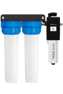 <div>
<div>
<div><strong>UV Water Treatment System</strong></div>
<div>
<p>Part Number: ARROS15-IHS22<br>Ideal For: Bacteria, Color, Smell, Turbidity/Cloudiness</p>
<table style="width: 52.0062%;">
<tbody>
<tr>
<td style="width: 26.5505%;">Connection Size</td>
<td style="width: 73.416%;">Inlet: 1” FNPT, Outlet: (Combo Port) 1” MNPT / ¾” FNPT</td>
</tr>
<tr>
<td style="width: 26.5505%;">Dimensions</td>
<td style="width: 73.416%;">24.95″ × 27.5″ × 9.0″ (63.4 cm × 69.9 cm × 22.9 cm)</td>
</tr>
<tr>
<td style="width: 26.5505%;">Flow Rate</td>
<td style="width: 73.416%;">30mJ/cm2: 15 gpm (56.8 lpm) 3.41 m³/hr</td>
</tr>
<tr>
<td style="width: 26.5505%;">Housing Details</td>
<td style="width: 73.416%;">Two 20″ 3-piece housings</td>
</tr>
<tr>
<td style="width: 26.5505%;">Power Consumption</td>
<td style="width: 73.416%;">46 W</td>
</tr>
<tr>
<td style="width: 26.5505%;">Ship Wt. (lbs)</td>
<td style="width: 73.416%;">50lbs (22.7kg)</td>
</tr>
</tbody>
</table>
</div>
</div>
</div>