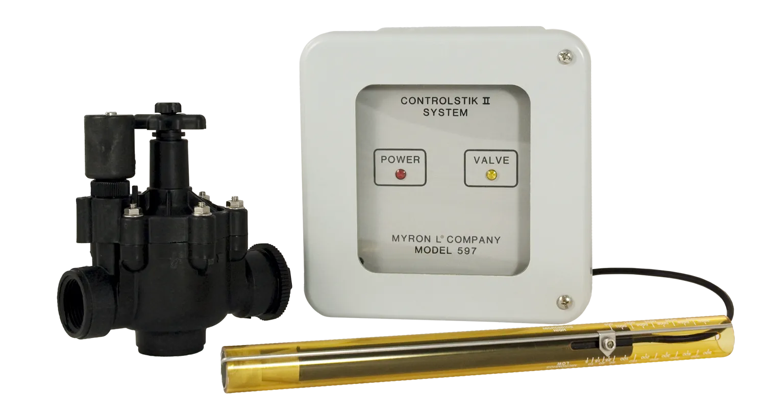 <h3>Engineering Specifications:</h3>
<p>Rinse water usage shall be minimized by means of automatic conductivity control systems. They shall consist of a temperature compensated conductivity sensor, corrosion resistant one-inch solenoid valve, and transformer box which safely reduces line power to the sensor. Enclosure shall be fiberglass with heavy rubber gasket and 316 stainless steel. Circuitry shall be solid-state, and unaffected by changes in voltage. Setpoint adjustment shall be on sensor to minimize tampering. Rinse tank controls shall be Myron L Model 597 or approved equal.</p>
<p> </p>
<h3>Transformer Box Specifications:</h3>
<table style="width: 85.5243%;">
<tbody>
<tr>
<td style="width: 25.294%;"><strong>Input Power</strong></td>
<td style="width: 74.6838%;">Choice of 110 or 220 VAC, 50/60 Hz;</td>
</tr>
<tr>
<td style="width: 25.294%;"> </td>
<td style="width: 74.6838%;">Automatic voltage regulation insures operation of the systems from 105-125V or 210-250V respectively.</td>
</tr>
<tr>
<td style="width: 25.294%;"><strong>Output</strong></td>
<td style="width: 74.6838%;">24 volts @ 600 mA AC</td>
</tr>
<tr>
<td style="width: 25.294%;"><strong>Maximum Power Consumption</strong></td>
<td style="width: 74.6838%;">@ 117V: 12 watts (103 milliamps)</td>
</tr>
<tr>
<td style="width: 25.294%;"><strong>Enclosure</strong></td>
<td style="width: 74.6838%;">IP65/NEMA 4X fiberglass case with heavy gasket and 316 stainless steel hardware.</td>
</tr>
<tr>
<td style="width: 25.294%;"><strong>Lights</strong></td>
<td style="width: 74.6838%;">LEDs indicate POWER (red) and VALVE (yellow)</td>
</tr>
<tr>
<td style="width: 25.294%;"><strong>Electrical Installation</strong></td>
<td style="width: 74.6838%;">Either HARDWIRE with 5/8 in. conduit; or PLUG-IN with 8 ft./2,4 meter, 18 ga. 3-conductor plug.</td>
</tr>
<tr>
<td style="width: 25.294%;"> </td>
<td style="width: 74.6838%;">(supplied with 110V systems only)</td>
</tr>
<tr>
<td style="width: 25.294%;"><strong>Mounting</strong></td>
<td style="width: 74.6838%;">Flange on enclosure for easy wall mounting</td>
</tr>
<tr>
<td style="width: 25.294%;"><strong>Dimensions</strong></td>
<td style="width: 74.6838%;">184 H x 197 W x 127 D mm/ 7.25 H x 7.75 W x 5 D in.</td>
</tr>
</tbody>
</table>
<p> </p>
<h3>Sensor Specifications:</h3>
<table>
<tbody>
<tr>
<td><strong>Ranges</strong></td>
<td>5-500 micromhos (for high quality water)</td>
</tr>
<tr>
<td> </td>
<td>500-5000 micromhos (for normal tap water)</td>
</tr>
<tr>
<td><strong>Power</strong></td>
<td>1 volt AC (from transformer box)</td>
</tr>
<tr>
<td><strong>On-Off Span</strong></td>
<td>Approximately 5% of setpoint</td>
</tr>
<tr>
<td><strong>Temperature Compensation</strong></td>
<td>Automatic to 25°C/77°F up to 82°C/180°F</td>
</tr>
<tr>
<td><strong>Materials</strong></td>
<td>Epoxy and 316 stainless steel</td>
</tr>
<tr>
<td><strong>Cable</strong></td>
<td>10 ft./3 meter 22 ga., 4-conductor, vinyl jacketed</td>
</tr>
<tr>
<td><strong>Installation</strong></td>
<td>Corrosion-proof ABS bracket supplied</td>
</tr>
<tr>
<td><strong>Dimensions</strong></td>
<td>304 L x 25 Dia. mm/12 L x 1 Dia. in.</td>
</tr>
</tbody>
</table>
<p> </p>
<h3>Solenoid Valve Specifications:</h3>
<table>
<tbody>
<tr>
<td><strong>Size</strong></td>
<td>1 in. NPT normally closed; compatible with plastic or metal piping</td>
</tr>
<tr>
<td><strong>Power</strong></td>
<td>24 volts @ 200 mA AC</td>
</tr>
<tr>
<td> </td>
<td>(from transformer box)</td>
</tr>
<tr>
<td><strong>Materials</strong></td>
<td>Body: glass reinforced nylon</td>
</tr>
<tr>
<td> </td>
<td>Diaphragm: nylon reinforced BUNA N synthetic rubber</td>
</tr>
<tr>
<td> </td>
<td>All exposed metal: stainless steel</td>
</tr>
<tr>
<td><strong>Operating Pressure</strong></td>
<td>10-100 psi / 0,69-6,90 bar</td>
</tr>
<tr>
<td><strong>Miscellaneous</strong></td>
<td>adjustable flow control</td>
</tr>
<tr>
<td> </td>
<td>manual override</td>
</tr>
<tr>
<td> </td>
<td>anti-hammer closing</td>
</tr>
<tr>
<td> </td>
<td>conduit connector</td>
</tr>
</tbody>
</table>