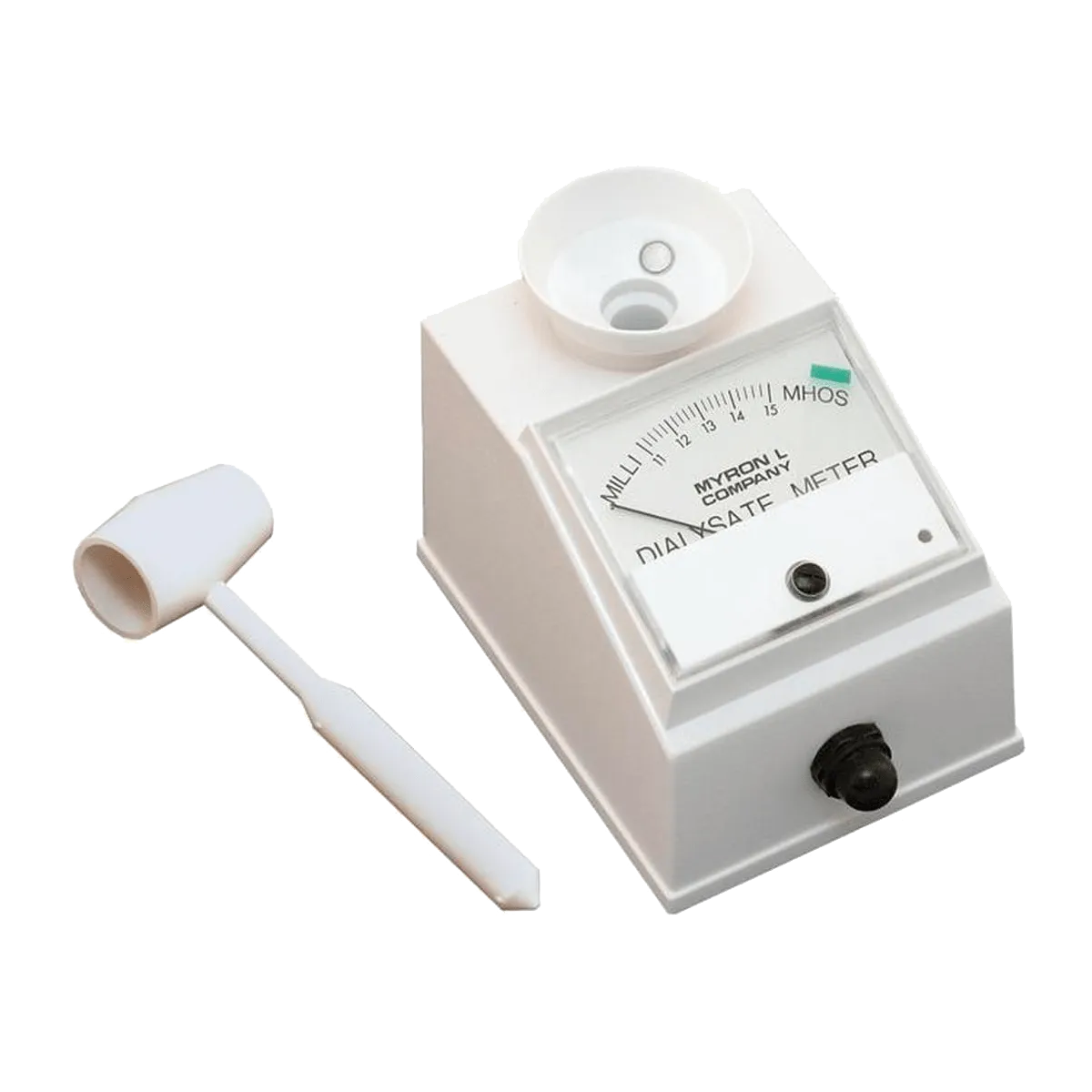 <h3><strong>DIALYSATE METERS™ Specifications:</strong></h3>
<table>
<tbody>
<tr>
<td><strong>Ranges:</strong></td>
<td> </td>
</tr>
<tr>
<td><strong>MODEL D-1</strong></td>
<td>11-15 millimhos</td>
</tr>
<tr>
<td><strong>MODEL D-2</strong></td>
<td>0-10 millimhos
<p> </p>
<p>0-20 millimhos</p>
</td>
</tr>
<tr>
<td><strong>Accuracy:</strong></td>
<td>± 2% of full scale
<p> </p>
<p>±1% at calibration point</p>
</td>
</tr>
<tr>
<td><strong>Repeatability:</strong></td>
<td>±1%</td>
</tr>
<tr>
<td><strong>Temperature Compensation:</strong></td>
<td>Automatic to 25°C/77°F for samples 10-71°C/50-160°F</td>
</tr>
<tr>
<td><strong>Electrodes:</strong></td>
<td>Never need replatinizing or replacement</td>
</tr>
<tr>
<td><strong>Calibration:</strong></td>
<td>Easy and fast with Standard Solutions and finger adjustable internal trimmer</td>
</tr>
<tr>
<td><strong>Circuitry:</strong></td>
<td>Solid state, sealed against moisture</td>
</tr>
<tr>
<td><strong>Power:</strong></td>
<td>Two standard 9-volt batteries supplied</td>
</tr>
<tr>
<td><strong>Battery Life:</strong></td>
<td>Approximately 1 year or 2,000 tests</td>
</tr>
<tr>
<td><strong>Case:</strong></td>
<td>Heavy gauge, textured ABS</td>
</tr>
<tr>
<td><strong>Cell Cup:</strong></td>
<td>Chip/crack resistant polyethylene</td>
</tr>
<tr>
<td><strong>Dimensions:</strong></td>
<td>3.4 W x 4.5 D x 4.0 H in./ 86 x 114 x 102 mm</td>
</tr>
<tr>
<td><strong>Weight:</strong></td>
<td>1 lb./450 grams</td>
</tr>
</tbody>
</table>