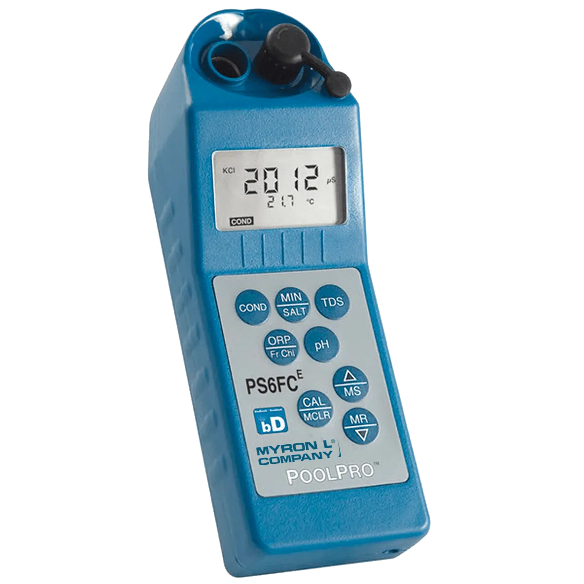 <h3><strong>POOLPRO™ Specifications:</strong></h3>
<table>
<tbody>
<tr>
<td><strong>Display: </strong>4 Digit Liquid Crystal Display</td>
</tr>
<tr>
<td><strong>Dimensions:</strong> LxWxH 196 x 68 x 64 mm/ 7.7 x 2.7 x 2.5 in.</td>
</tr>
<tr>
<td><strong>Weight:</strong> 352 g/12.4 oz.</td>
</tr>
<tr>
<td><strong>Case/conductivity cell material:</strong> VALOX™</td>
</tr>
<tr>
<td><strong>Cell capacities (w/o cell extender): </strong>pH/ORP: 1,2 mL/0.04 oz. Cond/TDS/MIN/SALT: 5 mL/0.2 oz.</td>
</tr>
<tr>
<td><strong>Power:</strong> 9V alkaline battery</td>
</tr>
<tr>
<td><strong>Battery life:</strong> >100 hours (5000 readings)</td>
</tr>
<tr>
<td><strong>Operating/storage temperature:</strong> 0 – 55°C/32 – 132°F</td>
</tr>
<tr>
<td><strong>Protection Ratings: </strong>IP67/NEMA 6 (waterproof to 1 meter/3 feet)</td>
</tr>
<tr>
<td><strong>EMI/EMC Ratings (Conformité Européenne):</strong> IEC 61326-1: 2020; CISPR 11: 2015 +A1: 2016 +A2: 2019; IEC 61000-4-2: 2008; IEC 61000-4-3: 2010; IEC 61000-4-8: 2009; (EU) 2015/863 (RoHS3): +(EU) 2024/232</td>
</tr>
</tbody>
</table>
<h6>*™SABIC INNOVATIVE PLASTICS IP BV</h6>
<h3><strong>Functional Specifications:</strong></h3>
<table>
<tbody>
<tr>
<td><strong>Conductivity</strong></td>
<td>Ranges: 0–9999 μS/cm; 10–200 mS/cm; in 5 autoranges</td>
</tr>
<tr>
<td> </td>
<td>Resolution: 0.01(<100 μS); 0.1(<1000 μS); 1(<10 mS); 0.01(<100 mS); 0.1(<200 mS)</td>
</tr>
<tr>
<td> </td>
<td>Accuracy: ±1% of reading</td>
</tr>
<tr>
<td> </td>
<td>Auto Temperature Compensation: 0–71°C / 32–160°F</td>
</tr>
<tr>
<td> </td>
<td>Conductivity/TDS Ratios Preprogrammed: KCl, 442*, NaCl</td>
</tr>
<tr>
<td><strong>TDS</strong></td>
<td>Ranges: 0–9999 ppm; 10–200 ppt; in 5 autoranges</td>
</tr>
<tr>
<td> </td>
<td>Resolution: 0.01(<100 ppm); 0.1(<1000 ppm); 1(<10 ppt); 0.01(<100 ppt); 0.1(<200 ppt)</td>
</tr>
<tr>
<td> </td>
<td>Accuracy: ±1% of reading</td>
</tr>
<tr>
<td> </td>
<td>Auto Temperature Compensation: 0–71°C / 32–160°F</td>
</tr>
<tr>
<td> </td>
<td>Conductivity/TDS Ratios Preprogrammed: KCl, 442*, NaCl</td>
</tr>
<tr>
<td><strong>Mineral/Salt</strong></td>
<td>Ranges: 0–200 ppt; in 5 autoranges</td>
</tr>
<tr>
<td> </td>
<td>Resolution: 0.01(<100 ppm); 0.1(<1000 ppm); 1(<10 ppt); 0.01(<100 ppt); 0.1(<200 ppt)</td>
</tr>
<tr>
<td> </td>
<td>Accuracy: ±1% of reading</td>
</tr>
<tr>
<td> </td>
<td>Auto Temperature Compensation: 0–71°C / 32–160°F</td>
</tr>
<tr>
<td> </td>
<td>Conductivity/TDS Ratios Preprogrammed: KCl, 442*, NaCl</td>
</tr>
<tr>
<td><strong>pH</strong></td>
<td>Ranges: 0–14 pH</td>
</tr>
<tr>
<td> </td>
<td>Resolution: 0.01 pH</td>
</tr>
<tr>
<td> </td>
<td>Accuracy**: ±0.01 pH</td>
</tr>
<tr>
<td> </td>
<td>Auto Temperature Compensation: 0–71°C / 32–160°F</td>
</tr>
<tr>
<td><strong>ORP</strong></td>
<td>Ranges: ±999 mV</td>
</tr>
<tr>
<td> </td>
<td>Resolution: 1 mV</td>
</tr>
<tr>
<td> </td>
<td>Accuracy**: ±1 mV</td>
</tr>
<tr>
<td><strong>Free Chlorine FC<sup>E™</sup></strong></td>
<td>Ranges: 0.00–9.99 ppm when 350≤ORPmV<725 and 0.0≤pH<9.9 and when 725≤ORPmV<825 and 0.0≤pH<8.9</td>
</tr>
<tr>
<td> </td>
<td>Resolution: 0.01 ppm</td>
</tr>
<tr>
<td> </td>
<td>Accuracy**: <1.00ppm ±0.3ppm and ≥1.00ppm ±0.2ppm</td>
</tr>
<tr>
<td> </td>
<td>Auto Temperature Compensation: 0–71°C / 32–160°F</td>
</tr>
<tr>
<td><strong>Alkalinity Titration</strong></td>
<td>Ranges: 10-800 ppm</td>
</tr>
<tr>
<td> </td>
<td>Resolution: 0.1 ppm</td>
</tr>
<tr>
<td><strong>Hardness Titration</strong></td>
<td>Ranges: 0-1710 ppm / 0-100 grains</td>
</tr>
<tr>
<td> </td>
<td>Resolution: 0.1(<1000 ppm); 1(<1710 ppm); 0.1(<100 grains)</td>
</tr>
<tr>
<td><strong>LSI Calculator</strong></td>
<td>Ranges: -10 to +10</td>
</tr>
<tr>
<td> </td>
<td>Resolution: 0.01</td>
</tr>
<tr>
<td><strong>Temperature</strong></td>
<td>Ranges: 0–71°C / 32–160°F</td>
</tr>
<tr>
<td> </td>
<td>Resolution: 0.1°C/F</td>
</tr>
<tr>
<td> </td>
<td>Accuracy: ±0.1°C</td>
</tr>
</tbody>
</table>
<h6>*442 Natural Water Standard™ Myron L® Company<br>**EM Susceptibility: When measuring 4.00 pH Buffer in 3.5 molar KCl:<br> ± 0.2 pH in the presence or RF fields ≥ 3 V/m.<br> ± 0.37 pH in the presence of RF fields ≥ 3 V/m at 300 MHz (± 30 MHz) and 625 MHz (± 50 MHz ).</h6>
