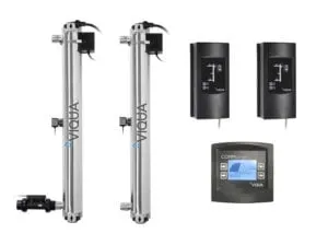 <table>
<tbody>
<tr>
<td>Flow Rates</td>
<td> </td>
<td> </td>
</tr>
<tr>
<td> </td>
<td>186mJ/cm<sup>2</sup></td>
<td>186 mJ/cm<sup>2</sup>: 24 GPM (90 lpm)</td>
</tr>
<tr>
<td>Specifications</td>
<td> </td>
<td> </td>
</tr>
<tr>
<td> </td>
<td>Dimensions</td>
<td>41″ x 18″ (103 cm x 45 cm)</td>
</tr>
<tr>
<td> </td>
<td>Shipping Weight lbs (kg)</td>
<td>63 lbs (29 kg)</td>
</tr>
<tr>
<td> </td>
<td>Connection Size</td>
<td>1 1/4″ MNPT x 1″ FNPT COMBO</td>
</tr>
<tr>
<td> </td>
<td>Power Consumption</td>
<td>460W</td>
</tr>
</tbody>
</table>