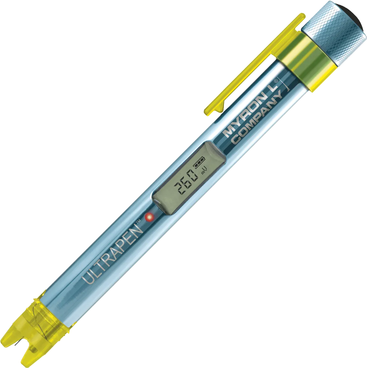<h3><strong>ULTRAPEN™ PT3 Functions:</strong></h3>
<table>
<tbody>
<tr>
<td><strong>MODE</strong></td>
<td><strong>METHOD OF MEASUREMENT</strong></td>
</tr>
<tr>
<td><strong>Hold (default)</strong></td>
<td>Once stabilized, the readings are captured then displayed.</td>
</tr>
<tr>
<td><strong>LIVE</strong></td>
<td>Real-time readings are displayed continuously during measurement.</td>
</tr>
</tbody>
</table>
<p>* Temperature compensation in calibration mode: Temperature affects the reaction potentials for all chemicals differently. True ORP is the direct measurement of electron activity during an oxidation-reduction reaction, regardless of temperature. However, for maximum accuracy and ease of calibration, the Myron L<sup>®</sup> Company has developed three calibration standard solutions with known dissolved species. We derived the temperature compensation (from 15ºC to 30ºC) for those solutions, and embedded automatic temperature compensation into the calibration function of your PT3. Note: To verify calibration while in measurement mode, you must manually correct for any variation in temperature. Example: @25ºC, ORP2602OZ calibration solution will read 260mV, however @ 20.0ºC ORP2602OZ will read 265mV.</p>
<h3><strong>ULTRAPEN™ PT3 Specifications:</strong></h3>
<table>
<tbody>
<tr>
<td>ORP Range:</td>
<td>-1000 mV to +1000 mV</td>
</tr>
<tr>
<td>ORP Accuracy:</td>
<td>± 10 mV</td>
</tr>
<tr>
<td>ORP Resolution:</td>
<td>1 mV ORP</td>
</tr>
<tr>
<td>Temperature Range:</td>
<td>0 – 71°C / 32 – 160°F</td>
</tr>
<tr>
<td>Temperature Accuracy:</td>
<td>± 0.1ºC</td>
</tr>
<tr>
<td>Temperature Resolution:</td>
<td>0.1ºC / 0.1ºF</td>
</tr>
<tr>
<td>Time to Reading Stabilization: </td>
<td>10 – 45 seconds</td>
</tr>
<tr>
<td>Power Consumption:</td>
<td>Active Mode: 30 – 140 mA, Sleep Mode: 2 µA</td>
</tr>
<tr>
<td>Temperature Compensation: </td>
<td>Automatic In Calibration Mode From 15ºC to 30ºC</td>
</tr>
<tr>
<td>Physical Dimensions: </td>
<td>17.15 cm L x 1.59 cm D or 6.75 in. L x 0.625 in. D</td>
</tr>
<tr>
<td>Weight: </td>
<td>50.4 g / 1.78 oz. (without soaker cap and lanyard)</td>
</tr>
<tr>
<td>Case Material:</td>
<td>Anodized Aircraft Aluminum with Protective Coating</td>
</tr>
<tr>
<td>Battery Type: </td>
<td>One N type, Alkaline, 1.5 V</td>
</tr>
<tr>
<td>Calibration Standard Solutions: </td>
<td>ORP80, ORP260, ORP470</td>
</tr>
<tr>
<td>Operating/Storage Temperature: </td>
<td>0 – 55ºC / 32 – 131ºF</td>
</tr>
<tr>
<td>Enclosure Ratings: </td>
<td>IP67 and NEMA6</td>
</tr>
<tr>
<td>EN61236-1: 2006 – Annex A: 2008: </td>
<td>Electrostatic discharge to the PT3 may cause it to spontaneously turn on. If this occurs, the PT3 will turn off.</td>
</tr>
</tbody>
</table>