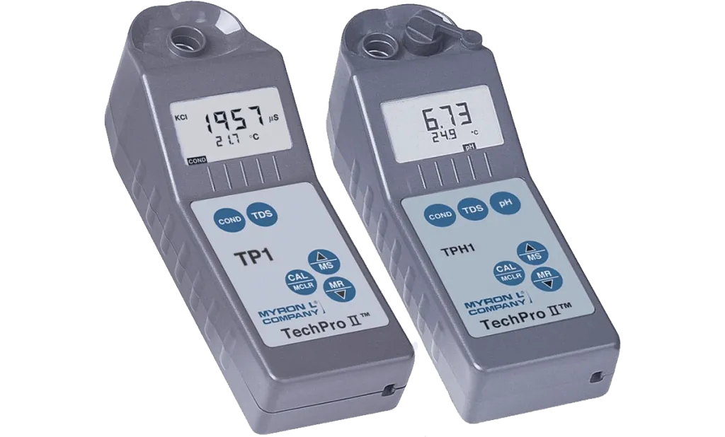 <h3><strong>TechPro II™ Specifications:</strong></h3>
<table>
<tbody>
<tr>
<td>Display:</td>
<td>4 Digit Liquid Crystal Display</td>
</tr>
<tr>
<td>Dimensions:</td>
<td>196 x 68 x 64 mm/7.7 x 2.7 x 2.5 in</td>
</tr>
<tr>
<td>Weight:</td>
<td>320 g/11.2 oz.</td>
</tr>
<tr>
<td>Case/Cell Material:</td>
<td>Valox</td>
</tr>
<tr>
<td>Cond/TDS Cell Capacity:</td>
<td>5 ml/0.2 oz.</td>
</tr>
<tr>
<td>pH Sensor Well Capacity:</td>
<td>1.2 ml/0.04 oz. </td>
</tr>
<tr>
<td>Power:</td>
<td>9V alkaline battery</td>
</tr>
<tr>
<td>Battery Life:</td>
<td>>100 hours (5000 readings)</td>
</tr>
<tr>
<td>Operating/Storage Temperature:</td>
<td>0 – 55°C/32 – 132°F</td>
</tr>
<tr>
<td>Protection Ratings:</td>
<td>IP67/NEMA 6 WATERPROOF</td>
</tr>
</tbody>
</table>
<h3><strong>TechPro II™ Parameters:</strong></h3>
<h4><strong>Ranges:</strong></h4>
<table>
<tbody>
<tr>
<td><strong>Model</strong></td>
<td><strong>Conductivity</strong></td>
<td><strong>TDS</strong></td>
<td><strong>pH</strong></td>
<td><strong>TC – 25°C/77°F </strong></td>
</tr>
<tr>
<td><strong>TP1</strong></td>
<td>0 – 9999 µS
<p> </p>
<p>10 – 20.00 mS </p>
</td>
<td>0 – 9999 ppm
<p> </p>
<p>10 – 20.00 ppt</p>
</td>
<td>— </td>
<td>0 – 71°C
<p> </p>
<p>32 – 160°F</p>
</td>
</tr>
<tr>
<td><strong>TPH1</strong></td>
<td>0 – 9999 µS
<p> </p>
<p>10 – 20.00 mS</p>
</td>
<td>0 – 9999 ppm
<p> </p>
<p>10 – 20.00 ppt </p>
</td>
<td>0 – 14 </td>
<td>0 – 71°C
<p> </p>
<p>32 – 160°F </p>
</td>
</tr>
</tbody>
</table>
<h3><strong>Accuracy:</strong></h3>
<table>
<tbody>
<tr>
<td><strong>Model</strong></td>
<td><strong>Conductivity/TDS</strong></td>
<td><strong>pH</strong></td>
<td><strong>Temperature Reading</strong></td>
</tr>
<tr>
<td><strong>TP1</strong></td>
<td>±1% of reading </td>
<td>— </td>
<td>±0.1°C/F</td>
</tr>
<tr>
<td><strong>TPH1</strong></td>
<td>±1% of reading </td>
<td>±0.02 pH</td>
<td>±0.1°C/F</td>
</tr>
</tbody>
</table>