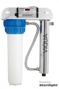 <table>
<tbody>
<tr>
<td>Flow Rates</td>
<td> </td>
<td> </td>
</tr>
<tr>
<td> </td>
<td>16mJ/cm<sup>2</sup></td>
<td>34 GPM (130 lpm) (7.8 m<sup>3</sup>/hr)</td>
</tr>
<tr>
<td> </td>
<td>30mJ/cm<sup>2</sup></td>
<td>18 GPM (70 lpm) (4.2 m<sup>3</sup>/hr)</td>
</tr>
<tr>
<td> </td>
<td>40mJ/cm<sup>2</sup></td>
<td>14 GPM (54 lpm) (3.3 m<sup>3</sup>/hr)</td>
</tr>
<tr>
<td>Specifications</td>
<td> </td>
<td> </td>
</tr>
<tr>
<td> </td>
<td>Dimensions</td>
<td>17″ x 10 1/2″ x 28″ (43 cm x 26 cm x 71 cm)</td>
</tr>
<tr>
<td> </td>
<td>Shipping Weight lbs (kg)</td>
<td>32 lbs (14.5 kg)</td>
</tr>
<tr>
<td> </td>
<td>Connection Size</td>
<td>1″MNPT INLET / 1″ x 3/4″ COMBO OUTLET (/2B – BSP)</td>
</tr>
<tr>
<td> </td>
<td>Power Consumption</td>
<td>60W</td>
</tr>
</tbody>
</table>