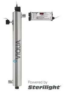 <table>
<tbody>
<tr>
<td>Treatment Flow Rates</td>
<td> </td>
<td> </td>
</tr>
<tr>
<td> </td>
<td>16mJ/cm<sup>2</sup></td>
<td>40 GPM (150 lpm) (9.0 m<sup>3</sup>/hr)</td>
</tr>
<tr>
<td> </td>
<td>30mJ/cm<sup>2</sup></td>
<td>24 GPM (91 lpm) (5.5 m<sup>3</sup>/hr)</td>
</tr>
<tr>
<td> </td>
<td>40mJ/cm<sup>2</sup></td>
<td>18 GPM (68 lpm) (4.1 m<sup>3</sup>/hr)</td>
</tr>
<tr>
<td>Specifications</td>
<td> </td>
<td> </td>
</tr>
<tr>
<td> </td>
<td>Dimensions</td>
<td>30 2/3″ x 3 1/2″ (78 cm x 8.9 cm)</td>
</tr>
<tr>
<td> </td>
<td>Shipping Weight lbs (kg)</td>
<td>19 lbs (8.6 kg)</td>
</tr>
<tr>
<td> </td>
<td>Connection Size</td>
<td>1″ MNPT (/2B – BSP)</td>
</tr>
<tr>
<td> </td>
<td>Power Consumption</td>
<td>70W</td>
</tr>
</tbody>
</table>